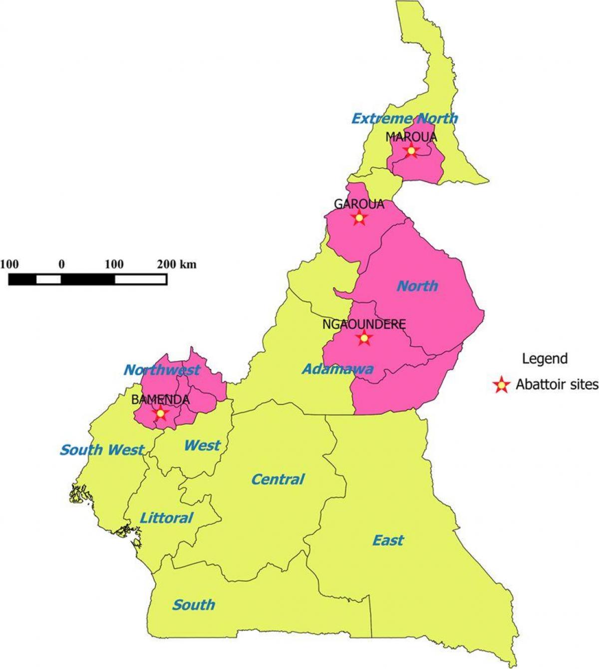 Cameroon ng pagpapakita ng mga rehiyon sa mapa